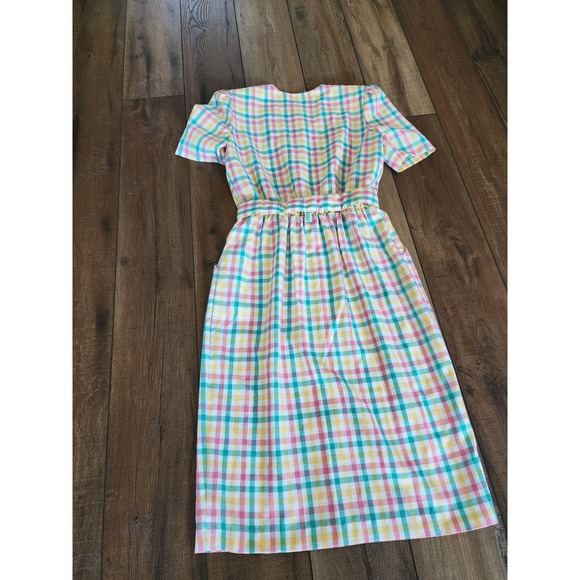 Vintage 80s Periwinkle Plaid Midi Dress Belted Career Cottagecore USA‎ - Picture 6 of 10